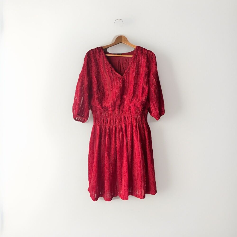 BODYFLIRT Women's Dress Red Textured Chiffon Mini  18 EU44 Smocked Waist Spring